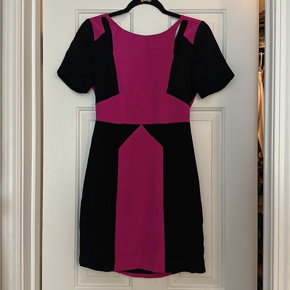 Rebecca Minkoff Crystal Black Pink Illusion Colorblock Silk shift Dress size 2 - Picture 3 of 10